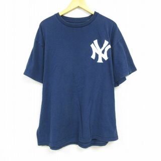 マジェスティック(Majestic)のXL★古着 マジェスティック 半袖 Tシャツ メンズ MLB ニューヨークヤンキース 田中将大 19 大きいサイズ クルーネック 紺 ネイビー メジャーリーグ ベースボール 野球 【spe】 23jul17 中古(Tシャツ/カットソー(半袖/袖なし))