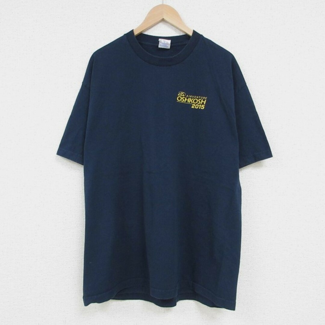 OshKosh(オシュコシュ)のXL★古着 半袖 Tシャツ メンズ オシュコシュ OSHKOSH EAA エアーベンチャー ヘリコプター 飛行機 コットン クルーネック USA製 濃紺 ネイビー 23jul20 中古 メンズのトップス(Tシャツ/カットソー(半袖/袖なし))の商品写真