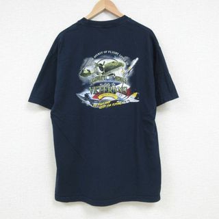 オシュコシュ(OshKosh)のXL★古着 半袖 Tシャツ メンズ オシュコシュ OSHKOSH EAA エアーベンチャー ヘリコプター 飛行機 コットン クルーネック USA製 濃紺 ネイビー 23jul20 中古(Tシャツ/カットソー(半袖/袖なし))