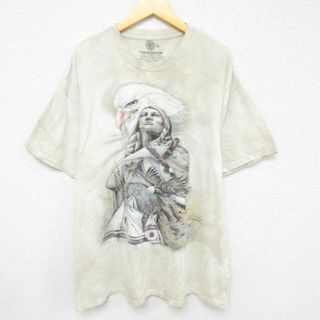 XL★古着 半袖 Tシャツ メンズ ワシ インディアン 大きいサイズ コットン クルーネック ベージュ他 カーキ タイダイ 23jul20 中古(Tシャツ/カットソー(半袖/袖なし))