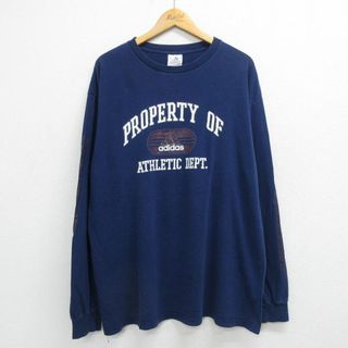 アディダス(adidas)のXL★古着 アディダス adidas 長袖 ビンテージ Tシャツ メンズ 90年代 90s ビッグロゴ 大きいサイズ コットン クルーネック USA製 紺 ネイビー 23jul17 中古(Tシャツ/カットソー(半袖/袖なし))