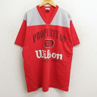 ウィルソン(wilson)のXL★古着 ウィルソン 半袖 ビンテージ フットボール Tシャツ メンズ 90年代 90s ビッグロゴ 大きいサイズ ロング丈 Vネック 赤他 レッド 23jul19 中古(Tシャツ/カットソー(半袖/袖なし))