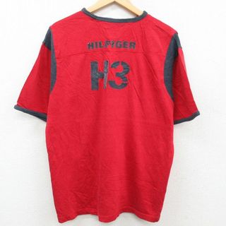 トミーヒルフィガー(TOMMY HILFIGER)のXL★古着 トミーヒルフィガー TOMMY HILFIGER 長袖 ブランド Tシャツ メンズ ビッグロゴ フロッキープリント 大きいサイズ Vネック 赤他 レッド リンガー 23jul20 中古(Tシャツ/カットソー(半袖/袖なし))