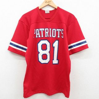 XL★古着 ローリングス 半袖 ビンテージ フットボール Tシャツ メンズ 80年代 80s NFL ニューイングランドペイトリオッツ Vネック 赤他 レッド ユニフォーム ゲームシャツ アメフト スーパーボウル 23jul20 中古(Tシャツ/カットソー(半袖/袖なし))