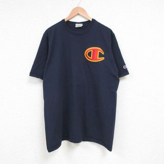 チャンピオン(Champion)のL★古着 チャンピオン Champion 半袖 ブランド Tシャツ メンズ ワンポイントロゴ コットン クルーネック 黒 ブラック 23jul18 中古(Tシャツ/カットソー(半袖/袖なし))