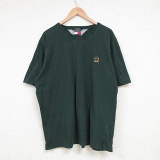 トミーヒルフィガー(TOMMY HILFIGER)のXL★古着 トミーヒルフィガー TOMMY HILFIGER 半袖 ブランド Tシャツ メンズ ワンポイントロゴ コットン クルーネック 緑 グリーン 23jul18 中古(Tシャツ/カットソー(半袖/袖なし))