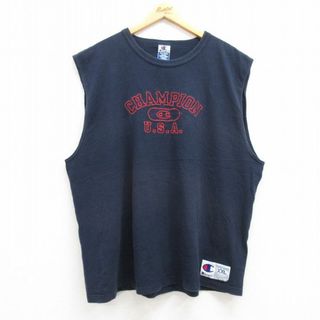 チャンピオン(Champion)のXL★古着 チャンピオン champion ビンテージ ノースリーブ Tシャツ メンズ 90年代 90s ビッグロゴ 大きいサイズ コットン クルーネック 紺 ネイビー 【spe】 23jul17 中古(タンクトップ)