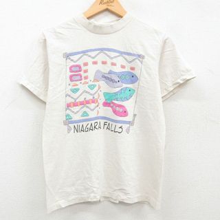 M★古着 半袖 ビンテージ Tシャツ メンズ 90年代 90s ナイアガラの滝 魚 コットン クルーネック USA製 薄ベージュ カーキ 23jul17 中古(Tシャツ/カットソー(半袖/袖なし))