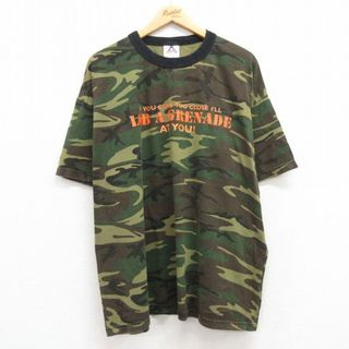 XL★古着 半袖 ビンテージ Tシャツ メンズ 00年代 00s メッセージ LOB A GRENADE 大きいサイズ コットン クルーネック 緑 グリーン 迷彩 23jul17 中古(Tシャツ/カットソー(半袖/袖なし))