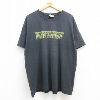 ヘインズ(Hanes)のXL★古着 ヘインズ Hanes 半袖 ビンテージ Tシャツ メンズ 00年代 00s ミリタリー USネイビー ブルーエンジェルス 航空機 大きいサイズ コットン クルーネック 黒 ブラック 23jul17 中古(Tシャツ/カットソー(半袖/袖なし))