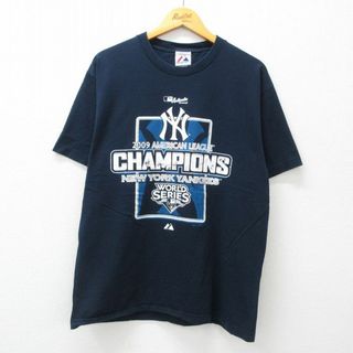 マジェスティック(Majestic)のL★古着 マジェスティック 半袖 ビンテージ Tシャツ メンズ 00年代 00s MLB ニューヨークヤンキース ワールドシリーズ コットン クルーネック 黒 ブラック メジャーリーグ ベースボール 野球 23jul18 中古(Tシャツ/カットソー(半袖/袖なし))