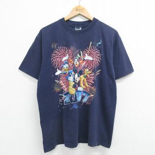 ディズニー(Disney)のL★古着 半袖 ビンテージ Tシャツ メンズ 00年代 00s ディズニー DISNEY ミッキー MICKEY MOUSE グーフィー ドナルド 花火 コットン クルーネック 黒 ブラック 23jul18 中古(Tシャツ/カットソー(半袖/袖なし))