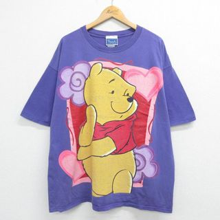 ディズニー(Disney)のXL★古着 半袖 ビンテージ Tシャツ メンズ 00年代 00s ディズニー DISNEY くまのプーさん 大きいサイズ クルーネック 紫 パープル 23jul18 中古(Tシャツ/カットソー(半袖/袖なし))