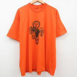 XL★古着 半袖 ビンテージ Tシャツ メンズ 90年代 90s 顔 人 大きいサイズ クルーネック オレンジ 23jul18 中古(Tシャツ/カットソー(半袖/袖なし))