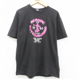 ヘインズ(Hanes)のL★古着 ヘインズ Hanes 半袖 ビンテージ Tシャツ メンズ 90年代 90s AEROBIC コットン クルーネック USA製 黒 ブラック 23jul18 中古(Tシャツ/カットソー(半袖/袖なし))