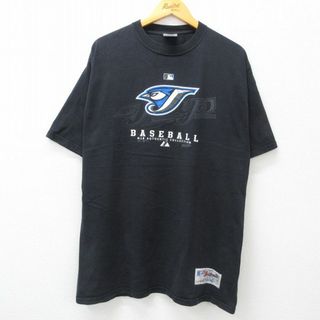 マジェスティック(Majestic)のXL★古着 マジェスティック 半袖 ビンテージ Tシャツ メンズ 00年代 00s MLB トロントブルージェイズ ロング丈 コットン クルーネック 黒 ブラック メジャーリーグ ベースボール 野球 23jul18 中古(Tシャツ/カットソー(半袖/袖なし))