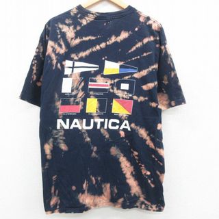 ノーティカ(NAUTICA)のXL★古着 ノーティカ NAUTICA 半袖 ビンテージ ブランド Tシャツ メンズ 90年代 90s ビッグロゴ 大きいサイズ コットン クルーネック USA製 紺 ネイビー ブリーチ加工 23jul19 中古(Tシャツ/カットソー(半袖/袖なし))