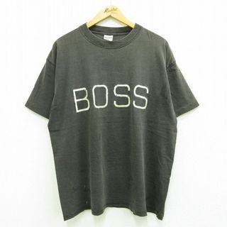 ボス(BOSS)のXL★古着 BOSS 半袖 ビンテージ Tシャツ メンズ 90年代 90s ビッグロゴ 刺繍 大きいサイズ コットン クルーネック USA製 黒 ブラック 【spe】 23jul19 中古(Tシャツ/カットソー(半袖/袖なし))