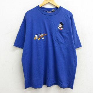 ディズニー(Disney)のXL★古着 半袖 ビンテージ Tシャツ メンズ 90年代 90s ディズニー DISNEY ミッキー MICKEY MOUSE ドナルド 刺繍 胸ポケット付き 大きいサイズ コットン クルーネック 青 ブルー 23jul19 中古(Tシャツ/カットソー(半袖/袖なし))