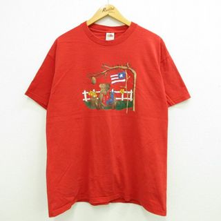 XL★古着 半袖 ビンテージ Tシャツ メンズ 90年代 90s クマ 星条旗 コットン クルーネック USA製 赤 レッド 23jul19 中古(Tシャツ/カットソー(半袖/袖なし))