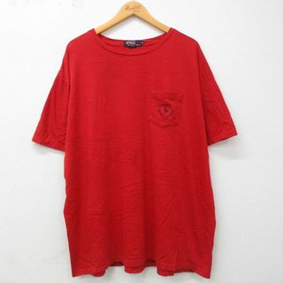 ラルフローレン(Ralph Lauren)のXL★古着 ラルフローレン Ralph Lauren 半袖 ブランド ビンテージ Tシャツ メンズ 90年代 90s ワンポイントロゴ 胸ポケット付き 大きいサイズ コットン クルーネック USA製 赤 レッド 23jul19 中古(Tシャツ/カットソー(半袖/袖なし))