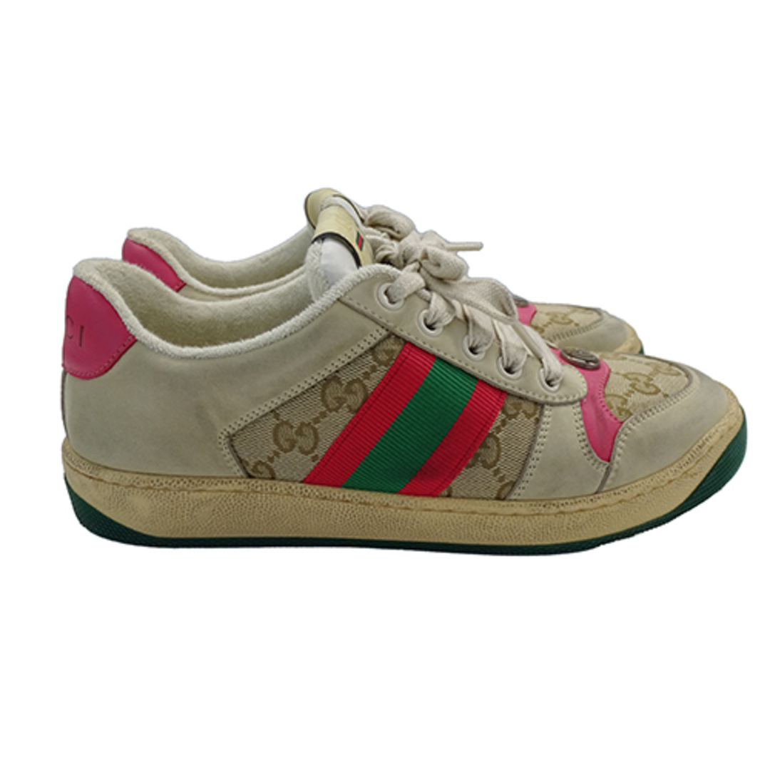 Gucci(グッチ)のグッチ GUCCI スニーカー レディース ブランド 靴 バターレザー GGキャンバス スクリーナー ベージュ 570443 #37 約24cm ヴィンテージ加工 ローカット お出かけ【中古】 レディースの靴/シューズ(スニーカー)の商品写真