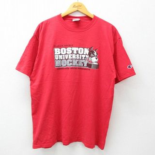 チャンピオン(Champion)のXL★古着 チャンピオン champion 半袖 ビンテージ Tシャツ メンズ 00年代 00s ボストン大学 テリアーズ アイスホッケー コットン クルーネック 赤 レッド 23jul20 中古(Tシャツ/カットソー(半袖/袖なし))