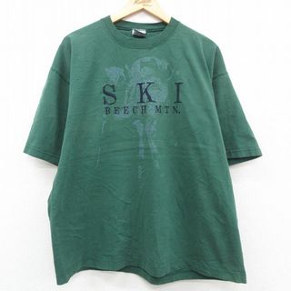 XL★古着 半袖 ビンテージ Tシャツ メンズ 90年代 90s スキー 刺繍 大きいサイズ コットン クルーネック USA製 緑 グリーン 23jul20 中古(Tシャツ/カットソー(半袖/袖なし))