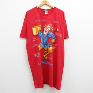 ディズニー(Disney)のXL★古着 半袖 ビンテージ Tシャツ メンズ 00年代 00s ディズニー DISNEY くまのプーさん ティガー 大きいサイズ ロング丈 コットン クルーネック 赤 レッド 23jul20 中古(Tシャツ/カットソー(半袖/袖なし))