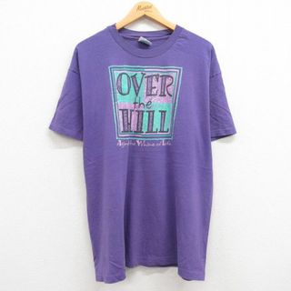 ヘインズ(Hanes)のXL★古着 ヘインズ Hanes 半袖 ビンテージ Tシャツ メンズ 90年代 90s OVER The HILL 大きいサイズ コットン クルーネック USA製 紫 パープル 23jul20 中古(Tシャツ/カットソー(半袖/袖なし))