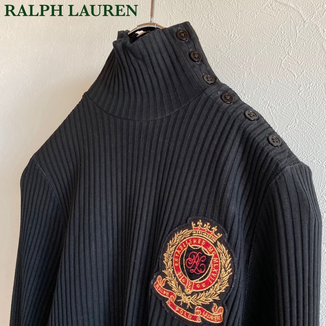 Ralph Lauren(ラルフローレン)のポロラルフローレン エンブレム ハイネック リブ ニット カットソー M 黒  レディースのトップス(ニット/セーター)の商品写真