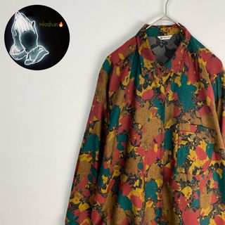 【長袖シャツ　柄シャツ　総柄　カーキ　オレンジ　緑　古着】(シャツ)