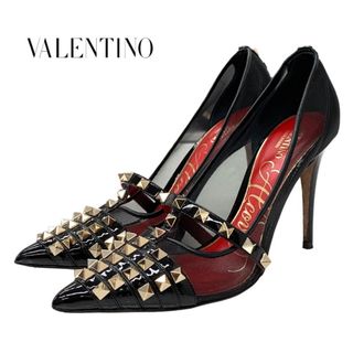 VALENTINO - ヴァレンティノ VALENTINO パンプス 靴 シューズ ロックスタッズ メッシュ パテント ブラック ゴールド