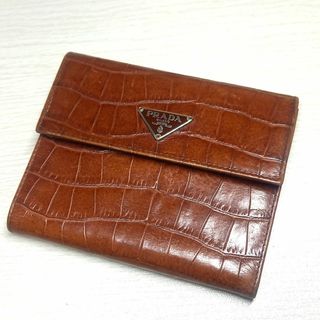 プラダ(PRADA)のレア プラダ クロコ型押し 三つ折り財布 ヴィンテージ レザー ブラウン ロゴ(折り財布)