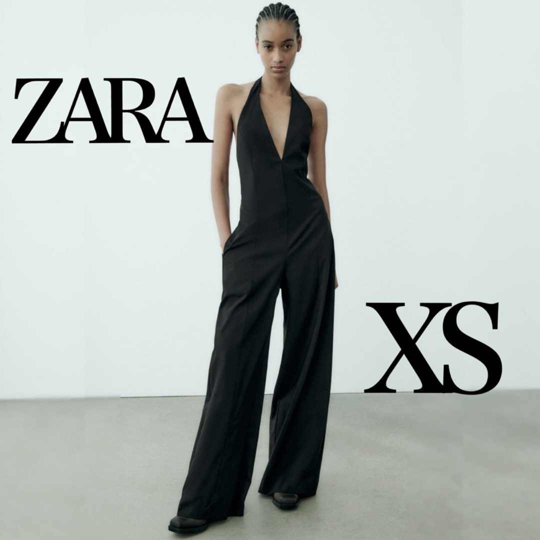 ZARA(ザラ)のザラZARAホルターネックストライプジャンプスーツXSワイドパンツオールインワン レディースのパンツ(サロペット/オーバーオール)の商品写真