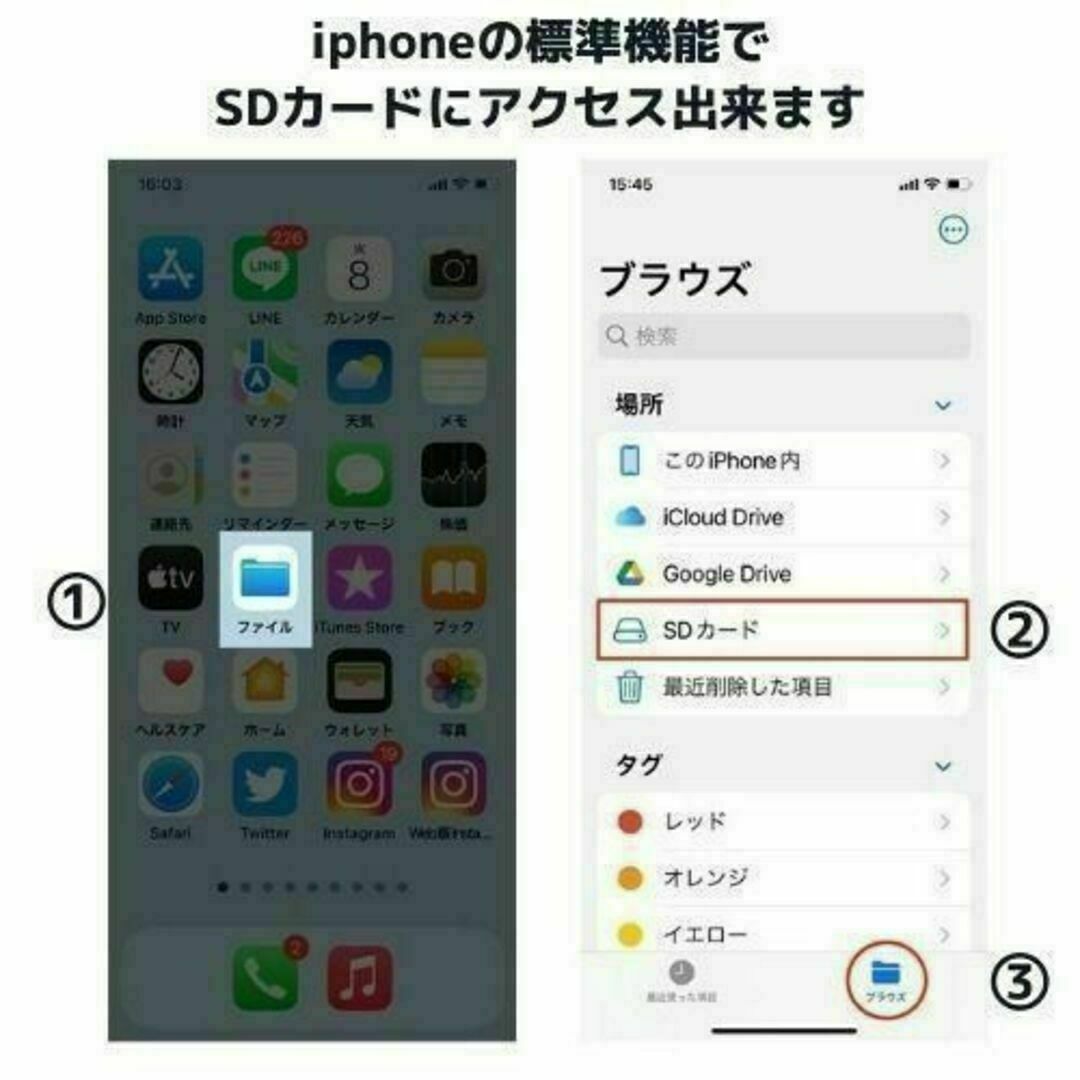 iphone ipad SDカードリーダー ＆ USB 接続アダプタ 3in1  スマホ/家電/カメラのスマホアクセサリー(その他)の商品写真