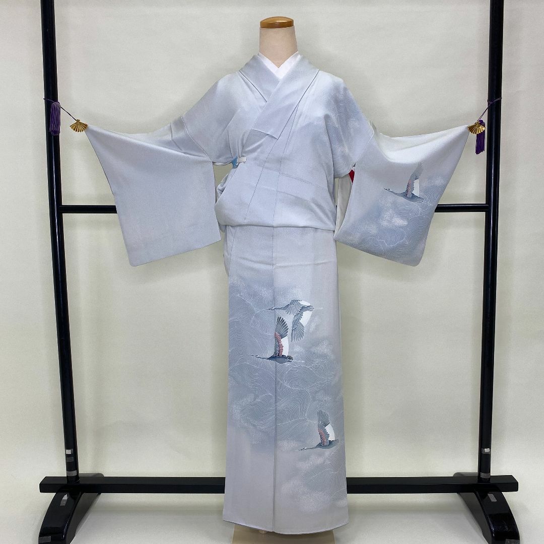 附下げ★正絹★薄灰★鶴★着付け練習★裄63㎝★中古Ｉ-63