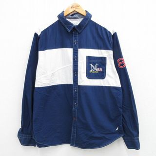 ノーティカ(NAUTICA)のXL★古着 ノーティカ NAUTICA 長袖 ブランド シャツ メンズ ビッグロゴ 刺繍 ツートンカラー コットン 紺他 ネイビー 23jul22 中古 トップス(シャツ)