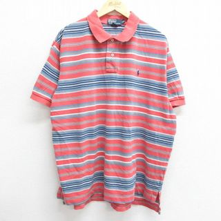 ラルフローレン(Ralph Lauren)のXL★古着 ラルフローレン Ralph Lauren 半袖 ブランド ポロ シャツ メンズ 90年代 90s ワンポイントロゴ 鹿の子 大きいサイズ コットン オレンジ系他 ボーダー 23jul24 中古 トップス(ポロシャツ)