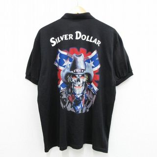 XL★古着 半袖 ポロ シャツ メンズ SILVER DOLLAR スカル サザンクロス 大きいサイズ 黒 ブラック 【spe】 23jul24 中古 トップス(ポロシャツ)