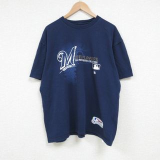 マジェスティック(Majestic)のXL★古着 マジェスティック 半袖 Tシャツ メンズ MLB ミルウォーキーブルワーズ コットン クルーネック 濃紺 ネイビー メジャーリーグ ベースボール 野球 23jul21 中古(Tシャツ/カットソー(半袖/袖なし))