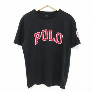 ラルフローレン(Ralph Lauren)のL★古着 ラルフローレン Ralph Lauren 半袖 ブランド Tシャツ メンズ ビッグロゴ 刺繍 コットン クルーネック 黒 ブラック 23jul21 中古(Tシャツ/カットソー(半袖/袖なし))