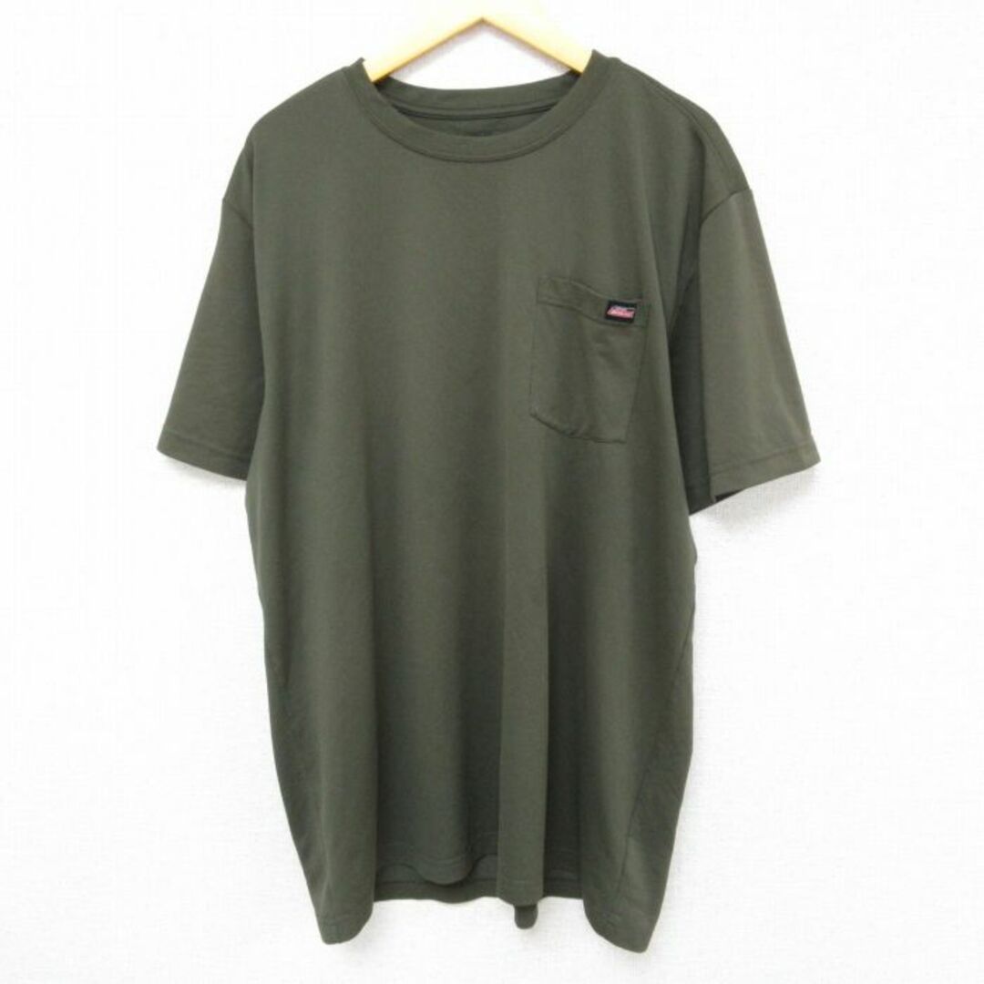 Dickies(ディッキーズ)のXL★古着 ディッキーズ Dickies 半袖 ブランド Tシャツ メンズ 胸ポケット付き 大きいサイズ ポリエステル クルーネック 濃緑 グリーン 23jul21 中古 メンズのトップス(Tシャツ/カットソー(半袖/袖なし))の商品写真