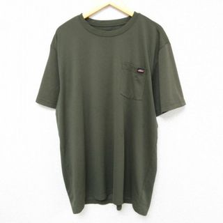 ディッキーズ(Dickies)のXL★古着 ディッキーズ Dickies 半袖 ブランド Tシャツ メンズ 胸ポケット付き 大きいサイズ ポリエステル クルーネック 濃緑 グリーン 23jul21 中古(Tシャツ/カットソー(半袖/袖なし))