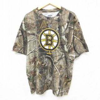 リーボック(Reebok)のXL★古着 リーボック REEBOK 半袖 ブランド Tシャツ メンズ NHL ボストンブルーインズ リアルツリー コットン クルーネック こげ茶他 ブラウン 迷彩 アイスホッケー 23jul21 中古(Tシャツ/カットソー(半袖/袖なし))