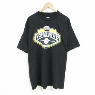 チャンピオン(Champion)のXL★古着 リーボック REEBOK 半袖 ブランド Tシャツ メンズ NFL ピッツバーグスティーラーズ チャンピオンズ ロング丈 コットン クルーネック 黒 ブラック アメフト スーパーボウル 23jul22 中古(Tシャツ/カットソー(半袖/袖なし))