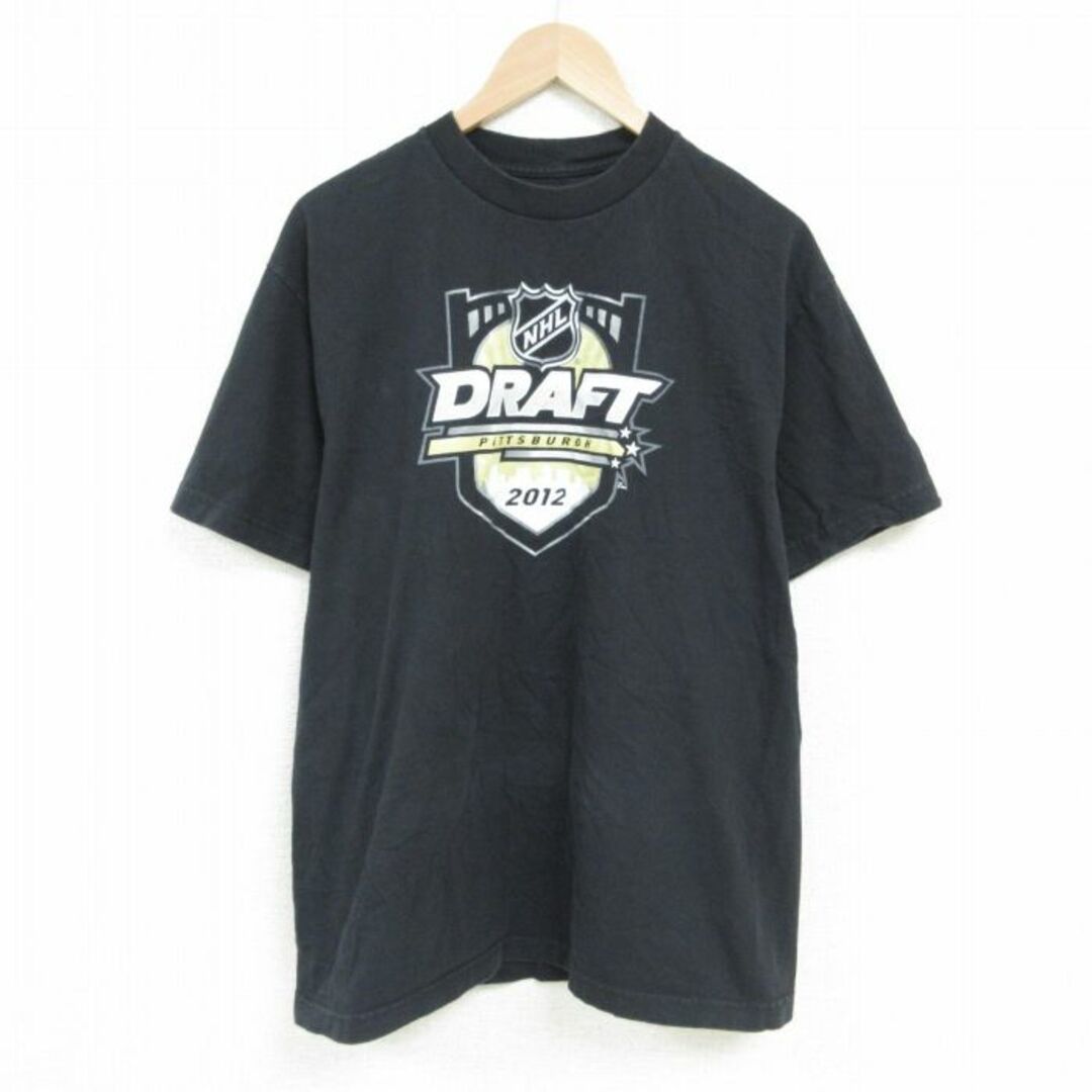 Reebok(リーボック)のL★古着 リーボック REEBOK 半袖 ブランド Tシャツ メンズ NHL ピッツバーグペンギンズ DRAFT コットン クルーネック 黒 ブラック アイスホッケー 23jul22 中古 メンズのトップス(Tシャツ/カットソー(半袖/袖なし))の商品写真