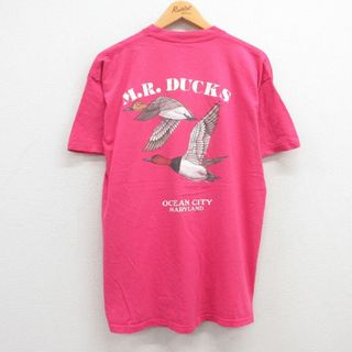 リー(Lee)のXL★古着 リー Lee 半袖 ビンテージ Tシャツ メンズ 90年代 90s 鳥 カモ 胸ポケット付き コットン クルーネック USA製 濃ピンク 23jul21 中古(Tシャツ/カットソー(半袖/袖なし))