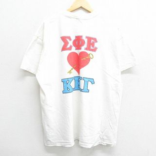 ヘインズ(Hanes)のXL★古着 ヘインズ Hanes 半袖 ビンテージ Tシャツ メンズ 90年代 90s ギリシャ文字 ハート 胸ポケット付き コットン クルーネック 白 ホワイト 23jul21 中古(Tシャツ/カットソー(半袖/袖なし))