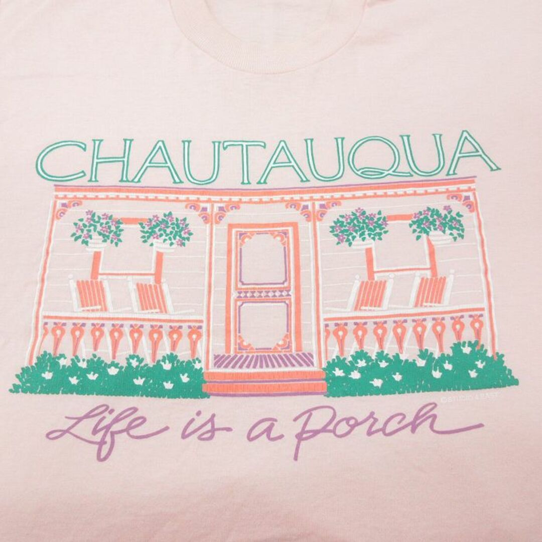 L★古着 半袖 ビンテージ Tシャツ メンズ 90年代 90s CHAUTAUQUA 花 クルーネック USA製 薄ピンク 23jul21 中古 メンズのトップス(Tシャツ/カットソー(半袖/袖なし))の商品写真